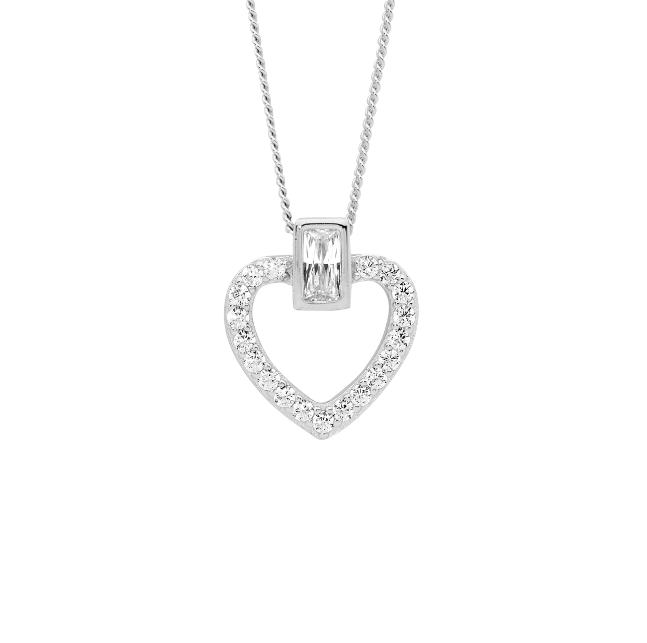 Ss Wh Cz Open Heart W/ Bezel Set Baguette Pendant