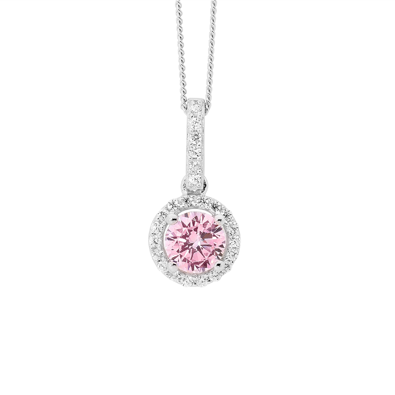 SS 6mm Round Light Pink CZ Drop Pendant w/ WH CZ surround