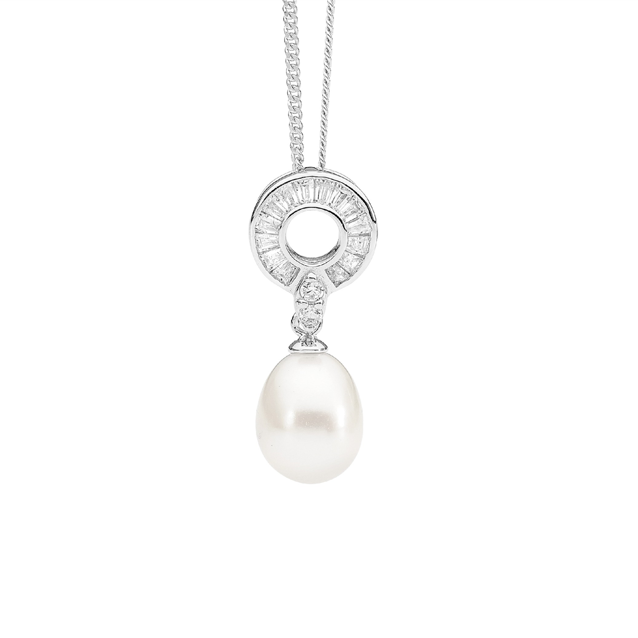 SS WH CZ Baguette Circle w/ Freshwater Pearl Drop Pendant