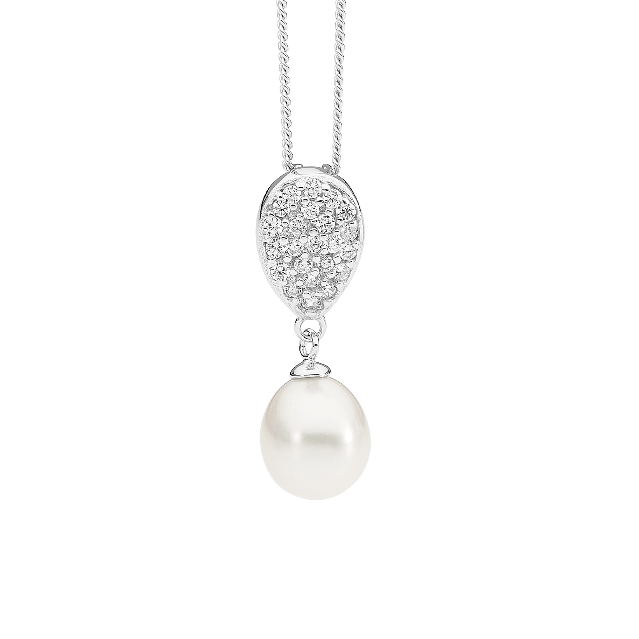 SS WH CZ Pave Tear w/ Freshwater Pearl Drop Pendant