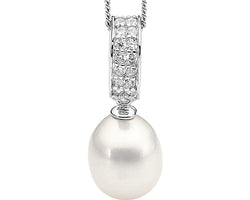 SS WH CZ 2 Row Pave Drop w/ Freshwater Pearl Pendant