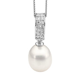 SS WH CZ 2 Row Pave Drop w/ Freshwater Pearl Pendant