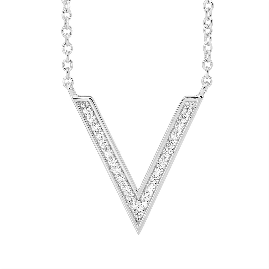 SS WH CZ Lg V Pendant w/ Attached Chain