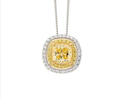 SS WH & Yellow CZ dbl Halo Cushion Cut Pendant w/ Gold Plating