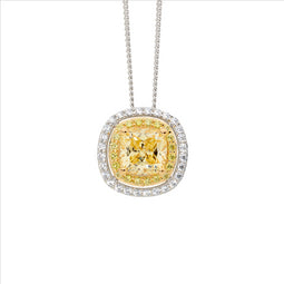 SS WH & Yellow CZ dbl Halo Cushion Cut Pendant w/ Gold Plating