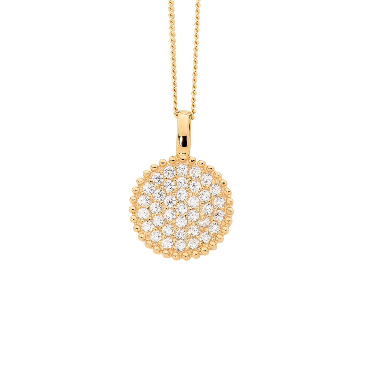 SS WH CZ Pave Round Pendant w/ Crown surround & Gold Plating