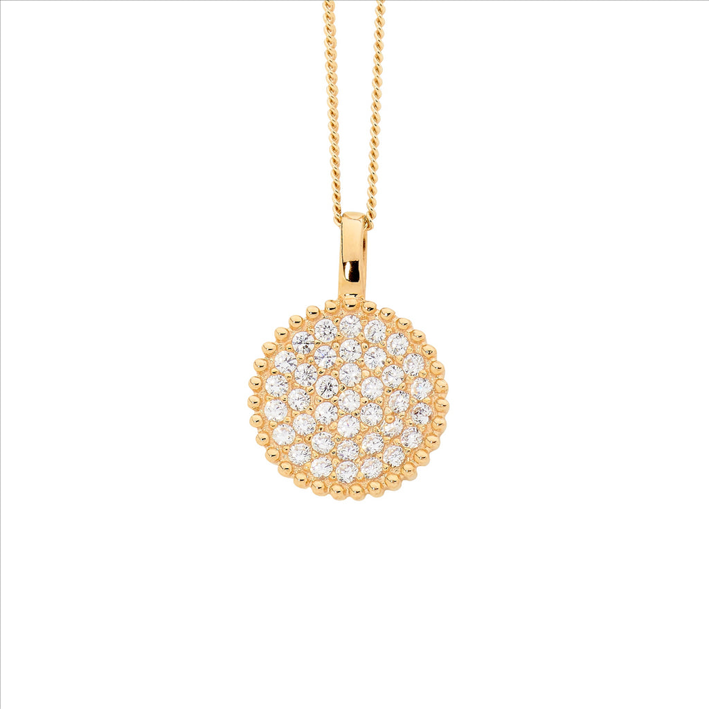 SS WH CZ Pave Round Pendant w/ Crown surround & Gold Plating