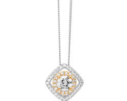 SS WH CZ Solitaire w/ Double Round & Square Halo Pendant w/Gold Plating