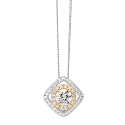 SS WH CZ Solitaire w/ Double Round & Square Halo Pendant w/Gold Plating