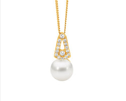 SS WH CZ Open drop V pendant w/freshwater pearl & Gold Plating