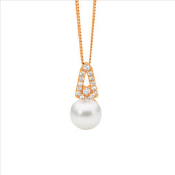 SS WH CZ Open drop V pendant w/freshwater pearl & Rose Gold Plating