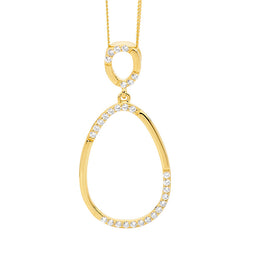 SS WH CZ 2x Oval Drop Pendant w/ Gold Plating