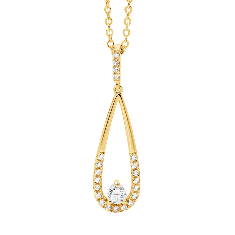 SS WH CZ Long Drop Tear Pendant w/ Gold Plating