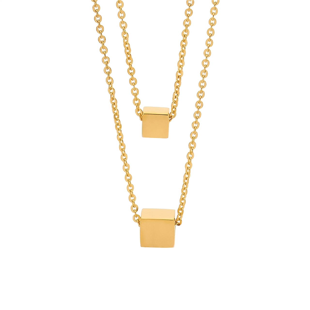 Stainless Steel 2 Cubes on dbl chain 44 & 55cm Necklace w/ Gold IP Plating