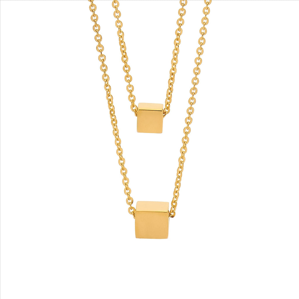 Stainless Steel 2 Cubes on dbl chain 44 & 55cm Necklace w/ Gold IP Plating