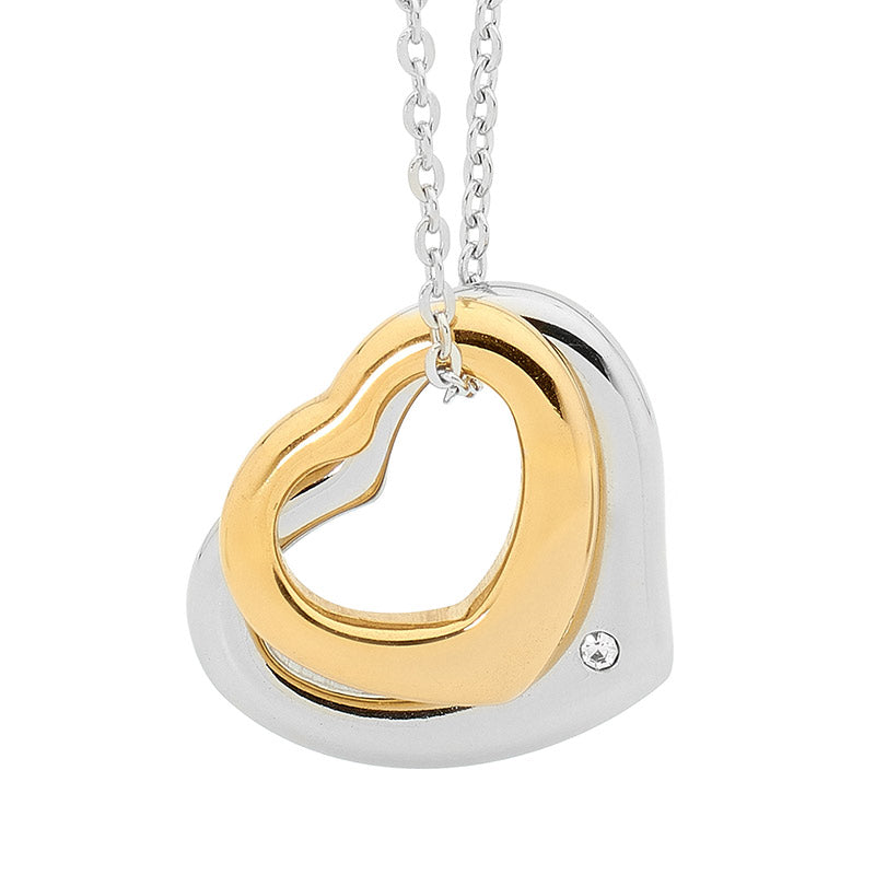 Stainless Steel Double Heart Pendant w/ Steel & Gold IP Plating -