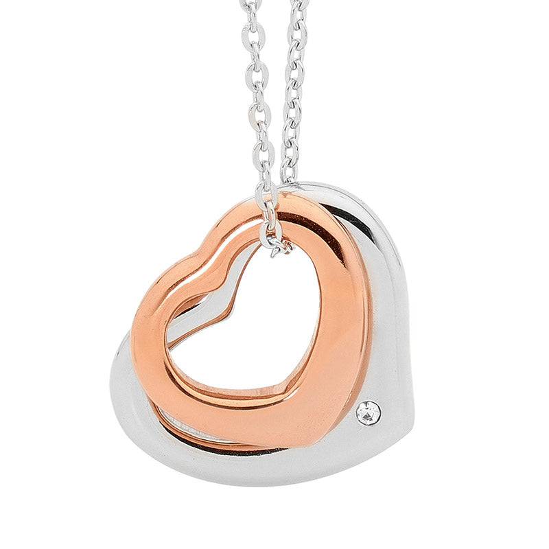 Stainless Steel Double Heart Pendant w/ Steel & Rose Gold IP Plating
