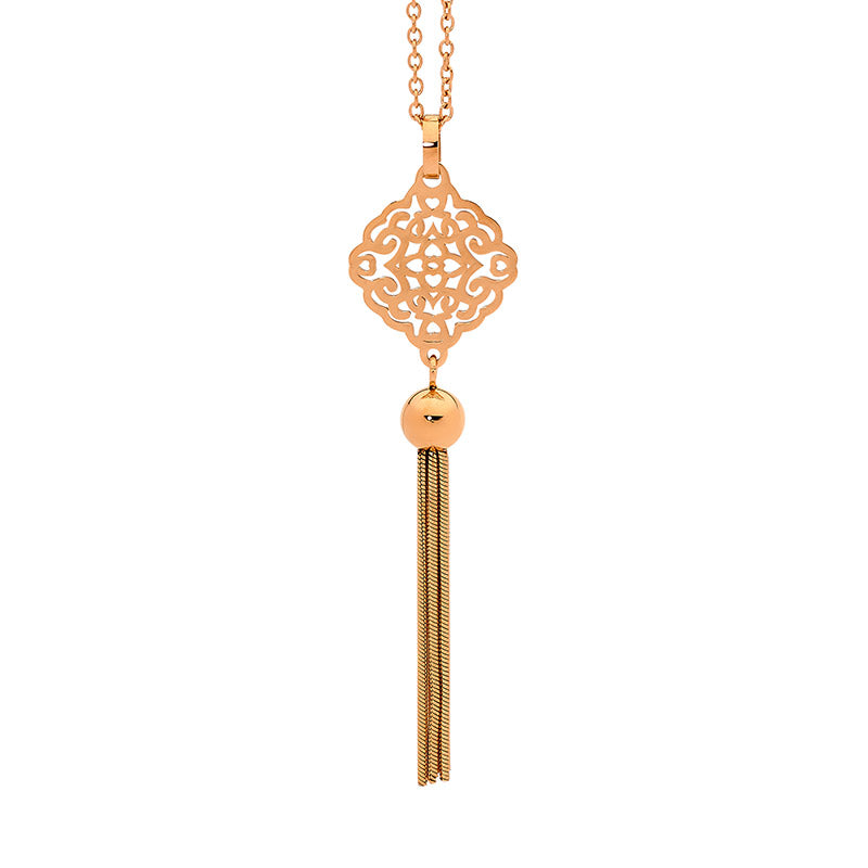 Stainless Steel Filigree Pendant W/ Drop Tassel & Rose Gold Ip Plating