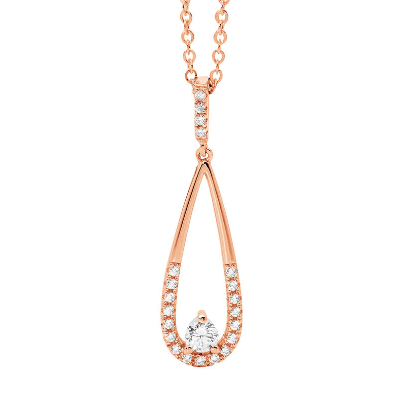 Sterling Silver Rose Gold Cz Long Drop Tear Pendant