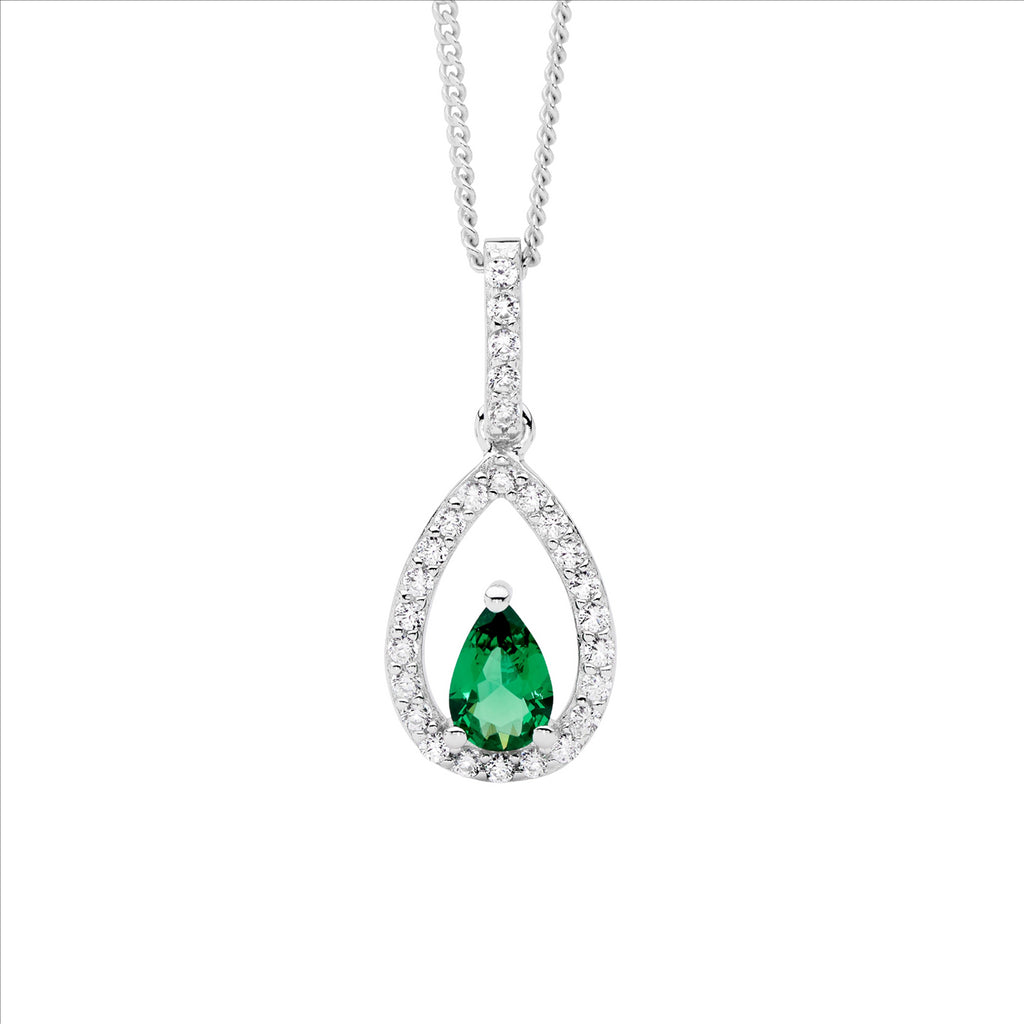 Sterling Silver Green Pear Cz Cntr Drop Pendant