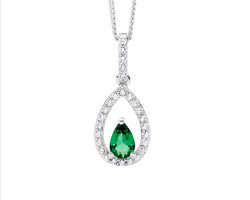 Sterling Silver Green Pear Cz Cntr Drop Pendant