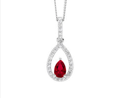 Sterling Silver Red Pear Cz Centre Drop Pendant