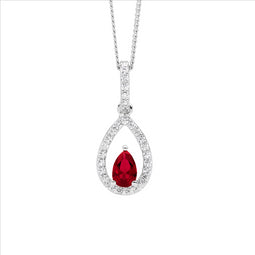 Sterling Silver Red Pear Cz Centre Drop Pendant