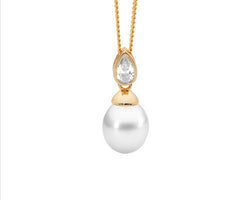 Ss Bezel Wh Cz Pear, Freshwater Pearl Pendant W/Gold Plating