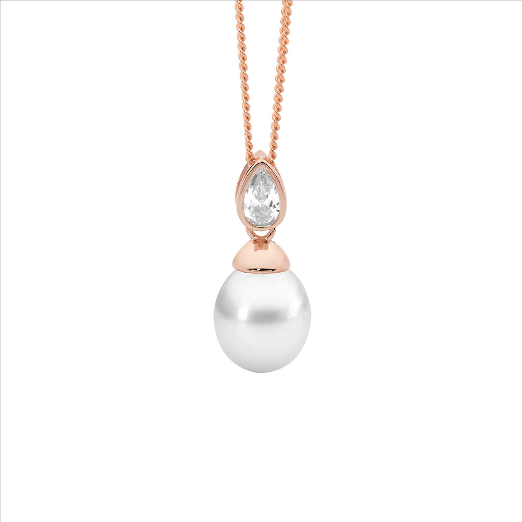 Ss Bezel Wh Cz Pear, Freshwater Pearl Pendant W/Rose Gold Plating