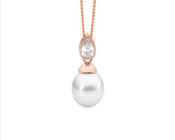 Ss Bezel Wh Cz Pear, Freshwater Pearl Pendant W/Rose Gold Plating