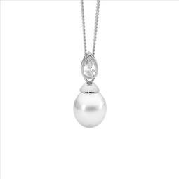 Ss Bezel Wh Cz Pear W/ Freshwater Pearl Pendant