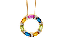 Ss Multi Colour Oval & Wh Rnd Cz 18Mm Circle Pendant W/Gold Plating