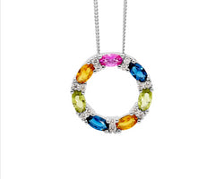 Ss Multi Colour Oval & Wh Rnd Cz 18Mm Circle Pendant