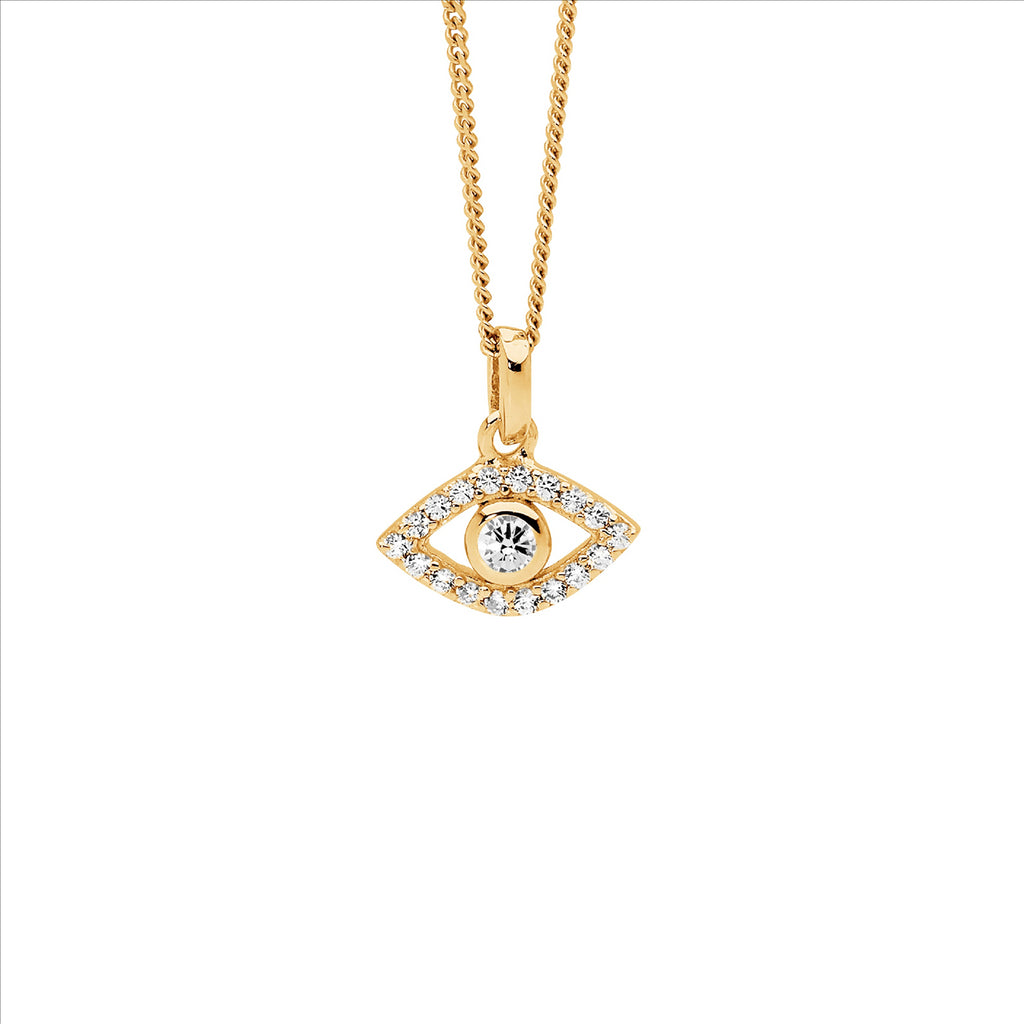 Ss Wh Cz Bezel Set Evil Eye Pendant W/Gold Plating
