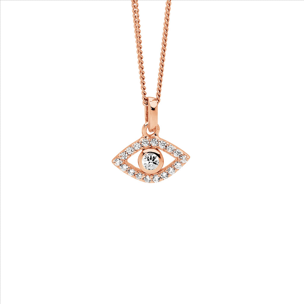 Ss Wh Cz Bezel Set Evil Eye Pendant W/Rose Gold Plating