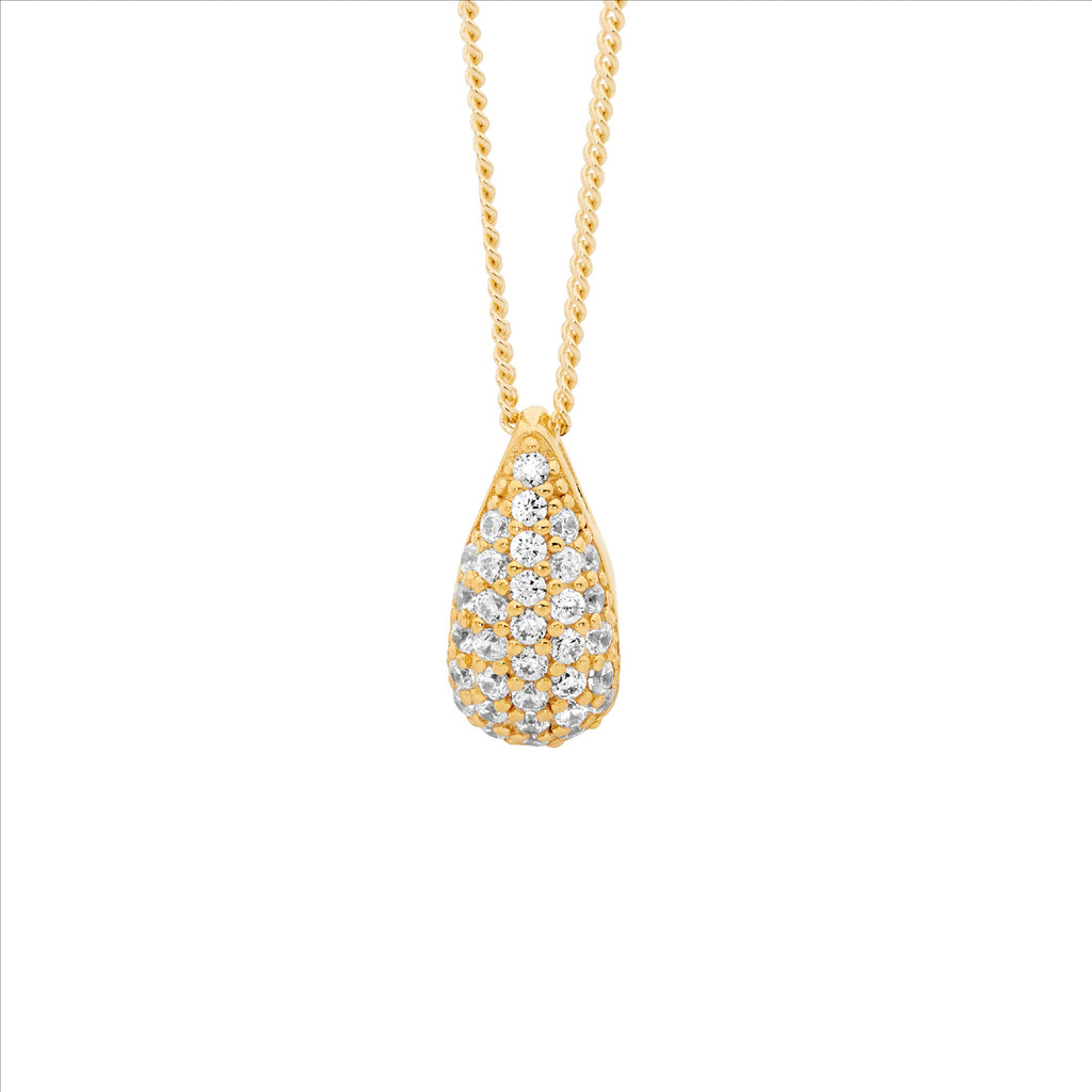 Ss Wh Cz Pave 12Mm Tear Drop Pendant W/Gold Plating