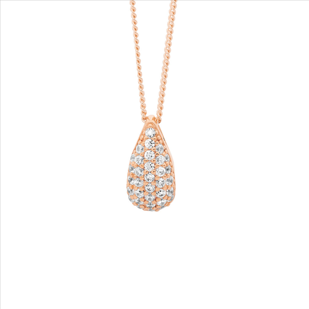 Ss Wh Cz Pave 12Mm Tear Drop Pendant W/Rose Gold Plating