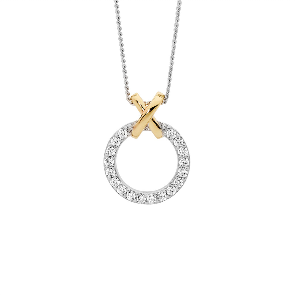Ss Wh Cz 13Mm Circle W/Gold Plated X" Pendant