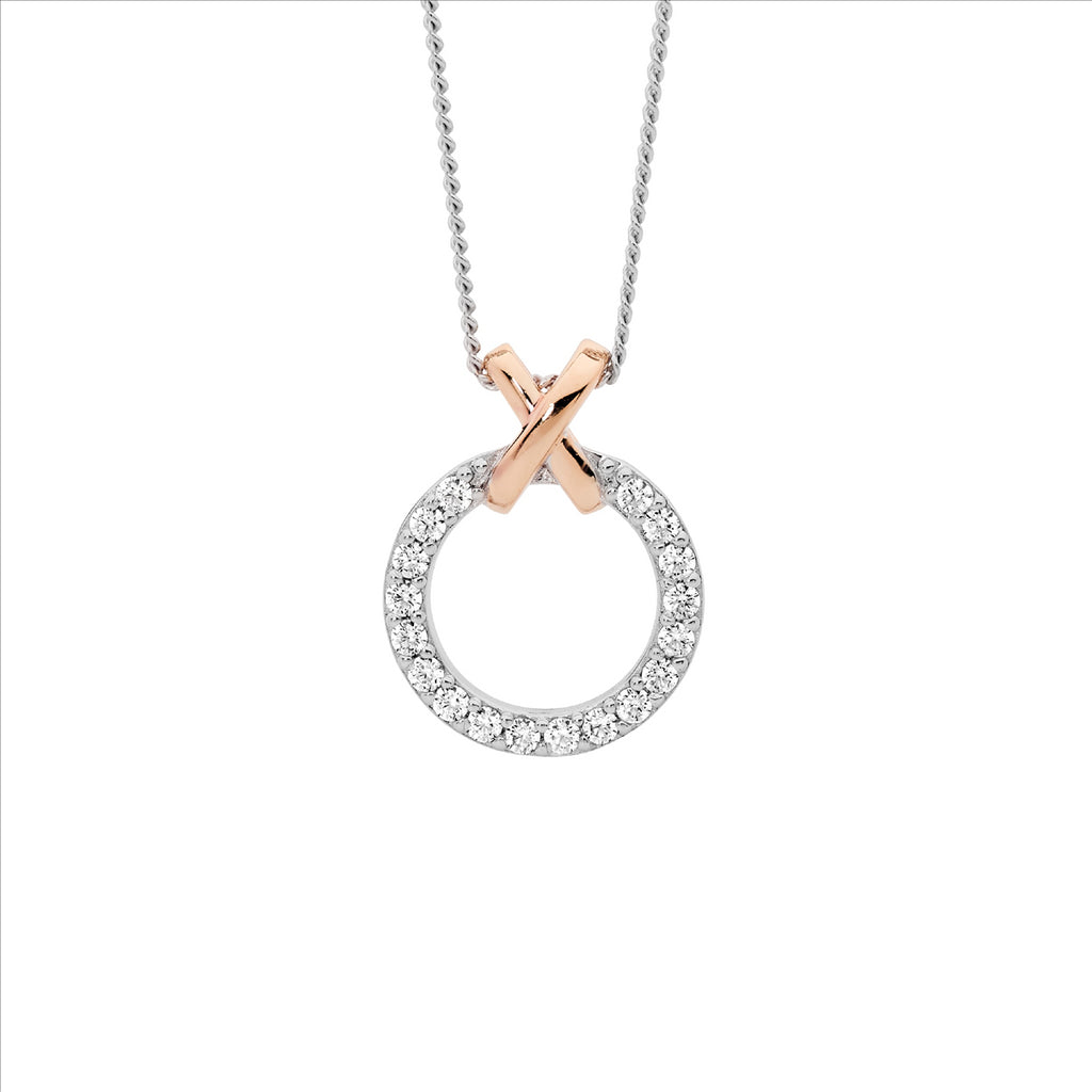 Ss Wh Cz 13Mm Circle W/Rose Gold Plated X" Pendant