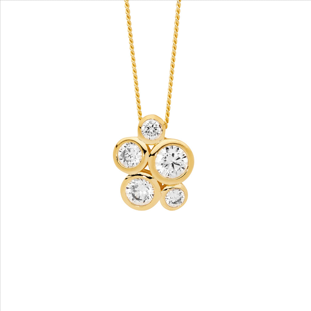 Sterling Silver Bezel Set Wh Cz Cluster Pendant W/Gold Plating