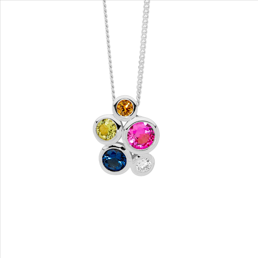 Sterling Silver Bezel Set Multi Colour Cz Cluster Pendant