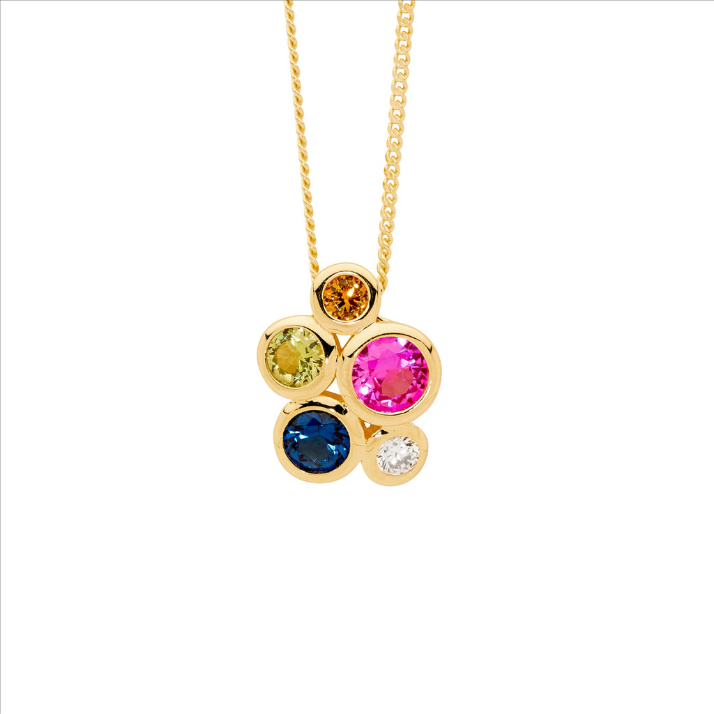 Sterling Silver Bezel Set Multi Colour Cz Cluster Pendant W/Gold Plating