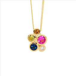 Sterling Silver Bezel Set Multi Colour Cz Cluster Pendant W/Gold Plating