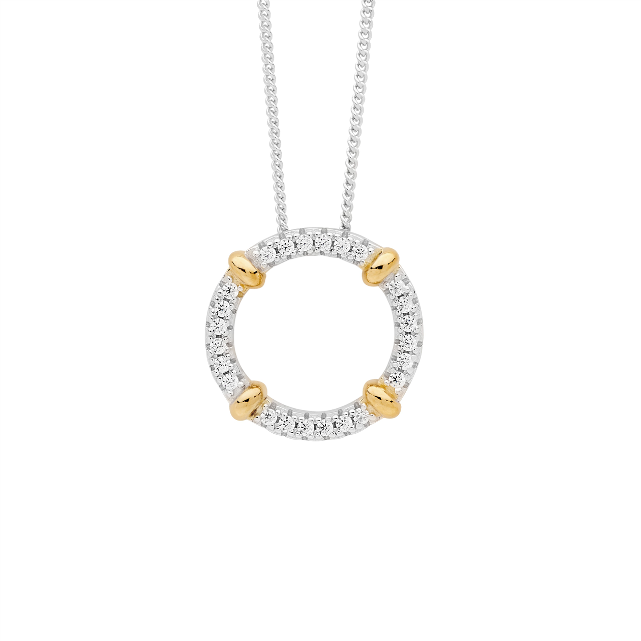 Sterling Silver 16Mm Wh Cz Circle Pendant W/ 4X Gold Plated Bands