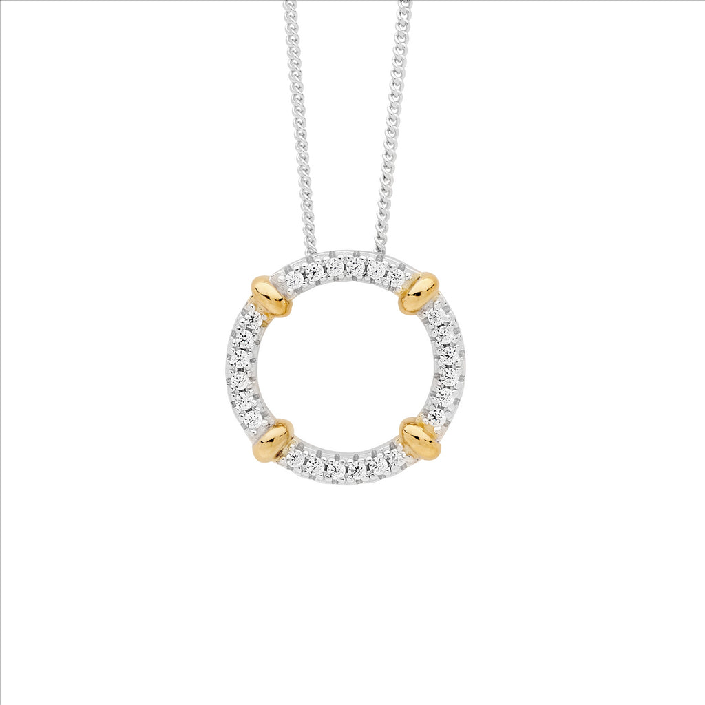 Sterling Silver 16Mm Wh Cz Circle Pendant W/ 4X Gold Plated Bands