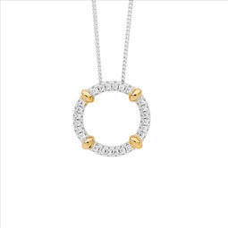 Sterling Silver 16Mm Wh Cz Circle Pendant W/ 4X Gold Plated Bands