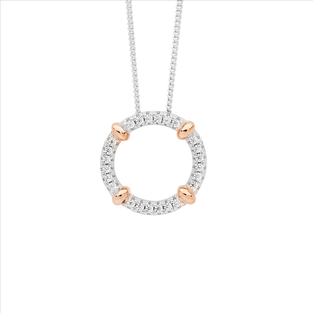 Sterling Silver 16mm wh cz circle pendant w/ 4x rose gold plated bands