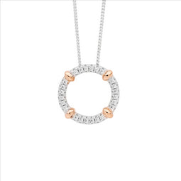 Sterling Silver 16mm wh cz circle pendant w/ 4x rose gold plated bands