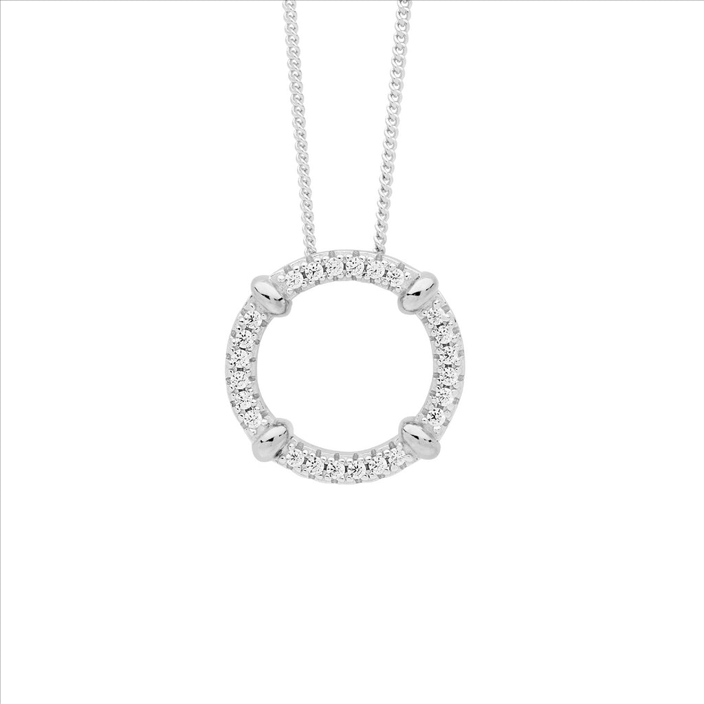 Sterling Silver 16Mm Wh Cz Circle Pendant W/ Plain Silver Bands