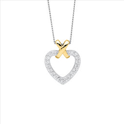 Sterling Silver Wh Cz Heart W/Gold Plated X Pendant
